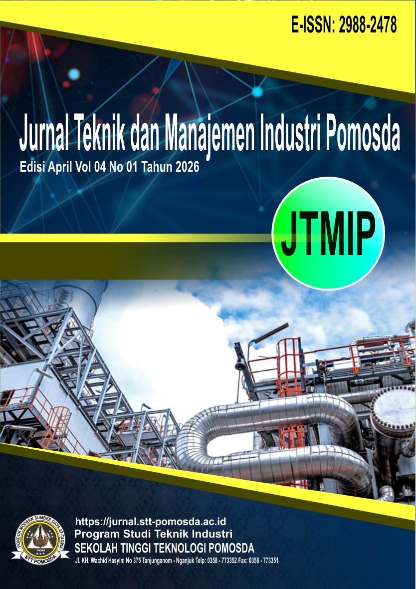 					View Vol. 4 No. 01 (2026): Jurnal Teknik dan Manajemen Industri Pomosda (JTMIP)
				
